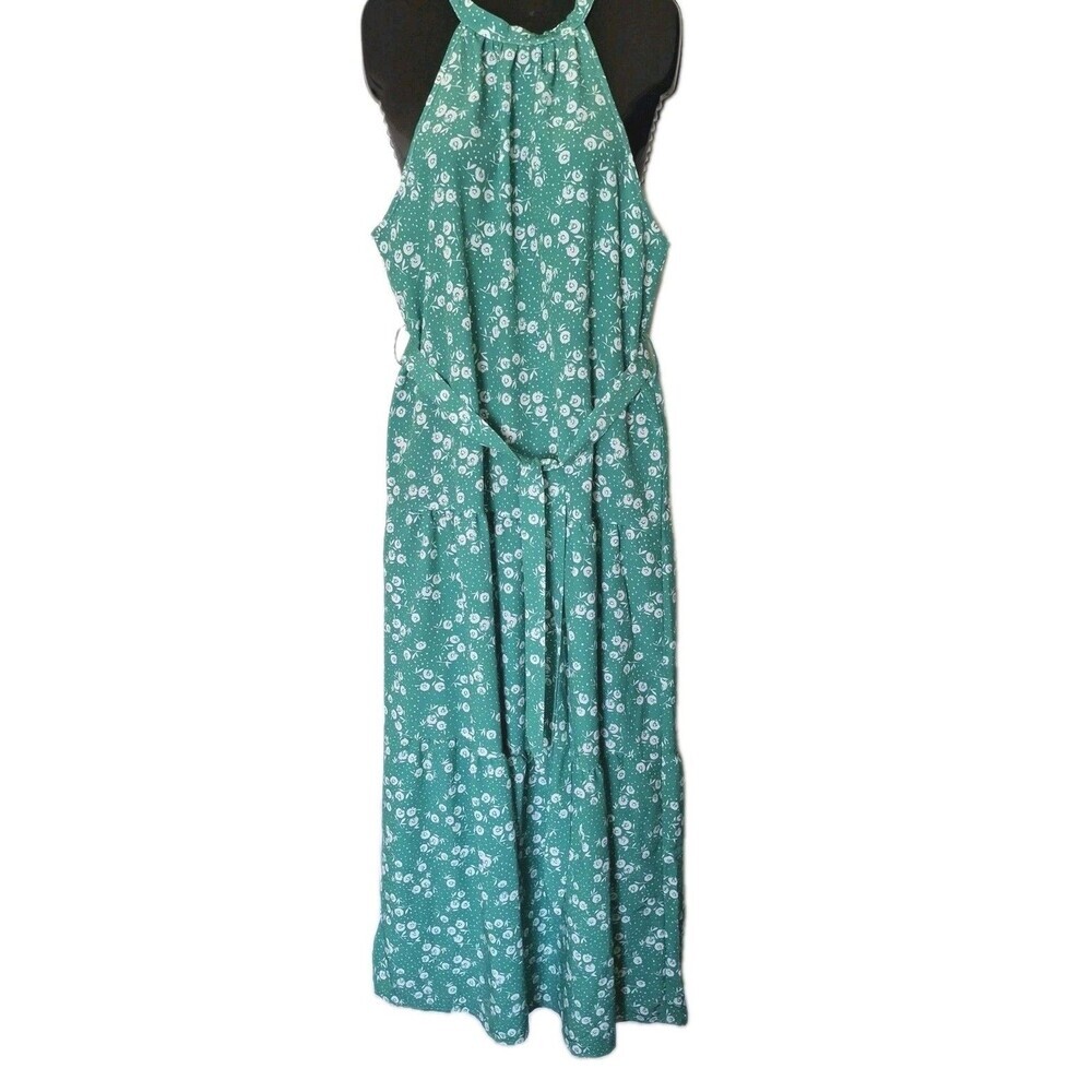 FS Collection London Halter Maxi Dress Large Green White Ditzy Floral Tiered New